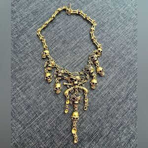 Vintage Gold Tone Skull Crossbones Bone Pirate Statement Necklace